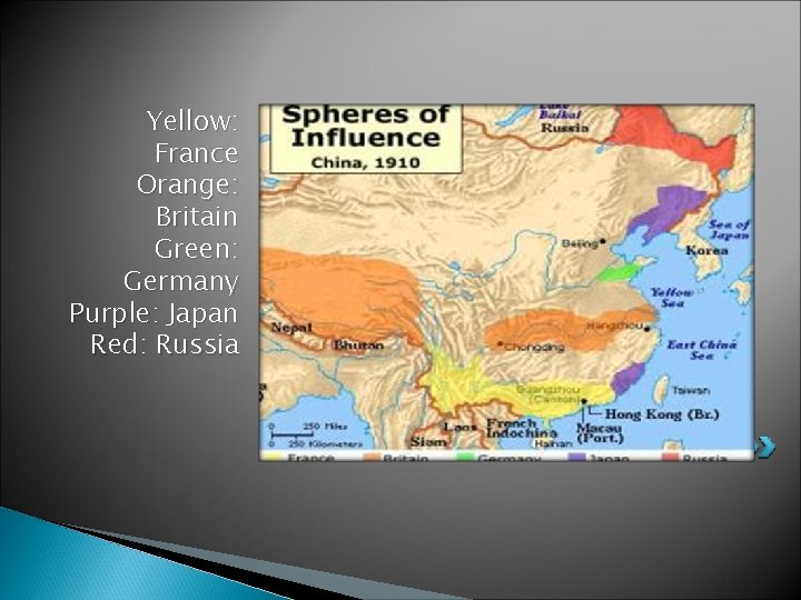 Yellow: France Orange: Britain Green: Germany Purple: Japan Red: Russia 