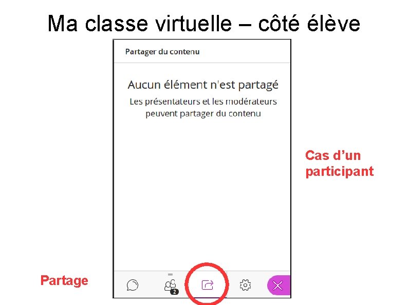 Ma classe virtuelle – côté élève Cas d’un participant Partage 