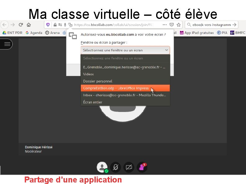 Ma classe virtuelle – côté élève Partage d’une application 