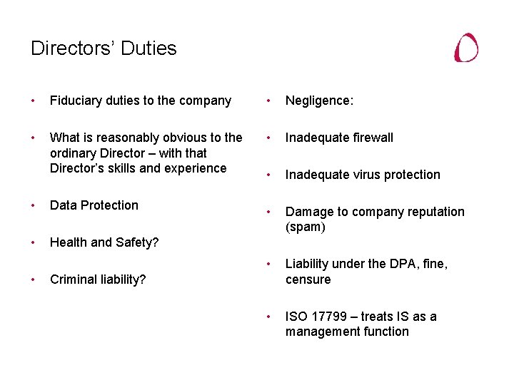 Directors’ Duties • Fiduciary duties to the company • Negligence: • What is reasonably