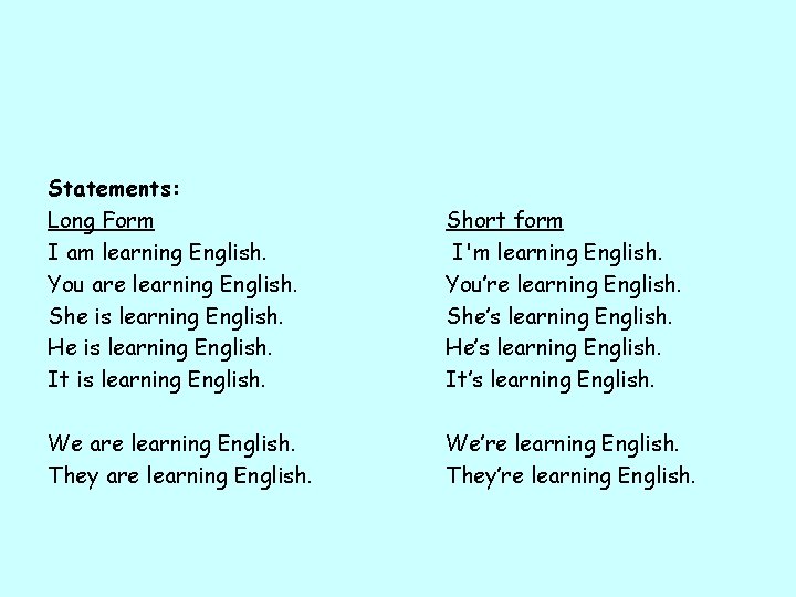 Statements: Long Form I am learning English. You are learning English. She is learning