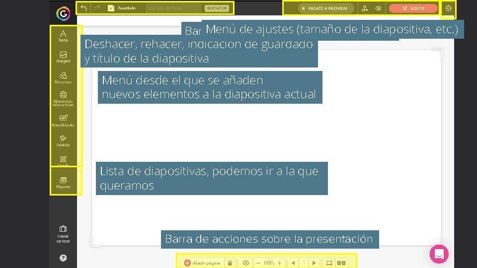 Menú de ajustes (tamaño de la diapositiva, etc. ) Barra de acciones sobre la