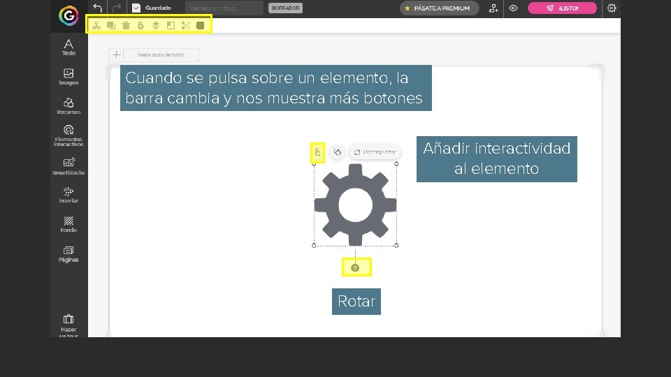 Cuando se pulsa sobre un elemento, la barra cambia y nos muestra más botones