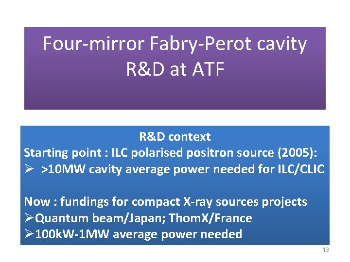 Four-mirror Fabry-Perot cavity R&D at ATF R&D context Starting point : ILC polarised positron