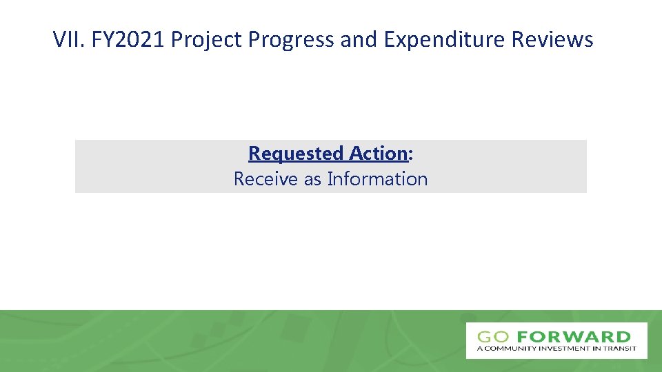 VII. FY 2021 Project Progress and Expenditure Reviews Requested Action: Receive as Information 