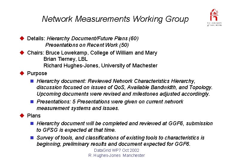 Network Measurements Working Group u Details: Hierarchy Document/Future Plans (60) Presentations on Recent Work