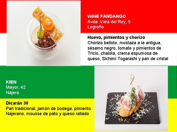 WINE FANDANGO Avda. Vara del Rey, 5 Logroño Huevo, pimientos y chorizo Chorizo belloto,