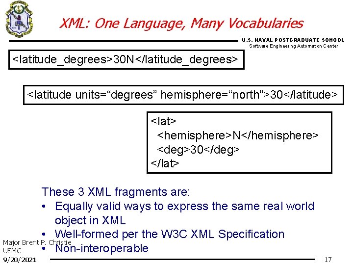 XML: One Language, Many Vocabularies U. S. NAVAL POSTGRADUATE SCHOOL Software Engineering Automation Center
