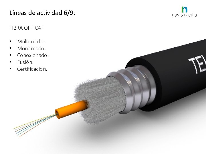 Líneas de actividad 6/9: FIBRA OPTICA: • • • Multimodo. Monomodo. Conexionado. Fusión. Certificación.