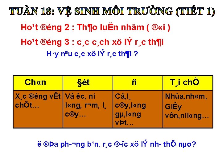 Ho¹t ®éng 2 : Th¶o luËn nhãm ( ® «i ) Ho¹t ®éng 3