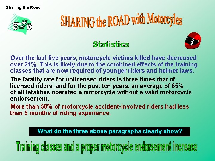 Sharing the Road Over the last five years, motorcycle victims killed have decreased over Sharing the Road Over the last five years, motorcycle victims killed have decreased over