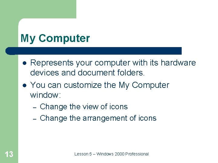 My Computer l l Represents your computer with its hardware devices and document folders.