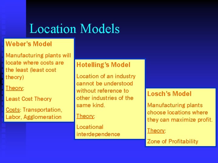 Location Models Weber’s Model Manufacturing plants will locate where costs are Hotelling’s Model the