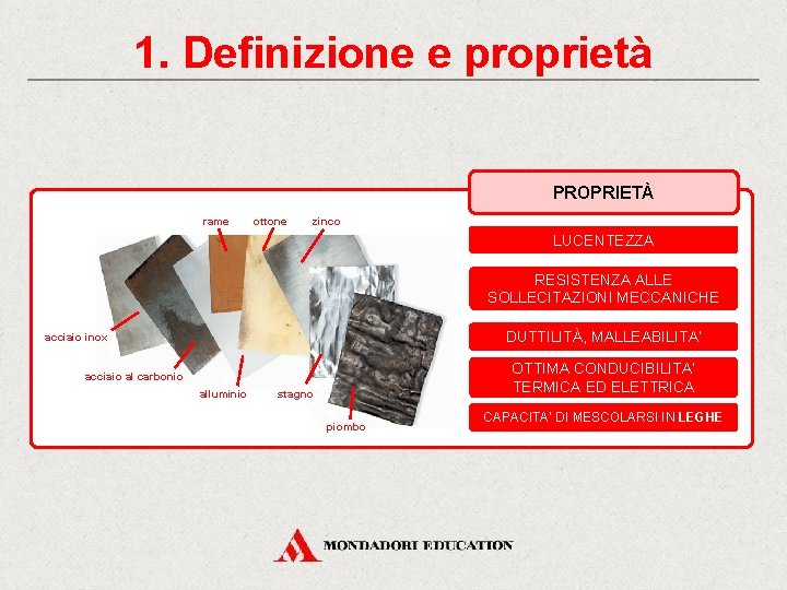 1. Definizione e proprietà PROPRIETÀ rame ottone zinco LUCENTEZZA RESISTENZA ALLE SOLLECITAZIONI MECCANICHE DUTTILITÀ,