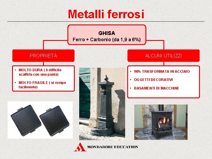 Metalli ferrosi GHISA Ferro + Carbonio (da 1, 9 a 6%) PROPRIETÀ • MOLTO