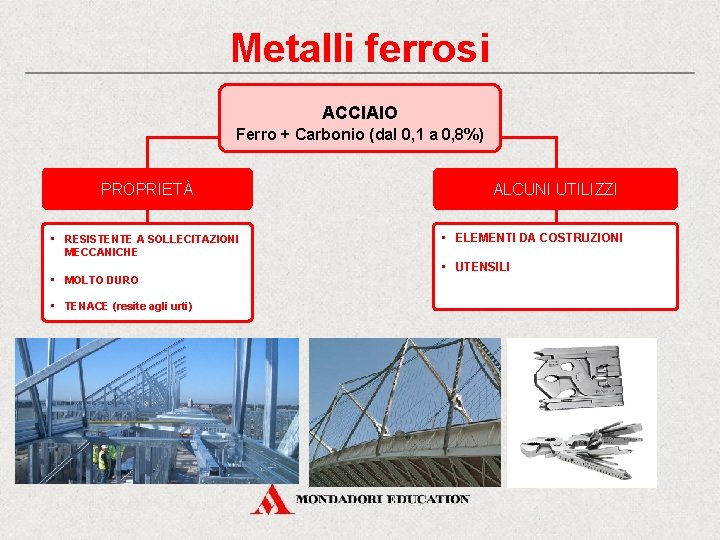 Metalli ferrosi ACCIAIO Ferro + Carbonio (dal 0, 1 a 0, 8%) PROPRIETÀ •