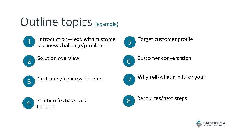 Outline topics (example) 1 Introduction—lead with customer business challenge/problem 5 Target customer profile 2 Outline topics (example) 1 Introduction—lead with customer business challenge/problem 5 Target customer profile 2