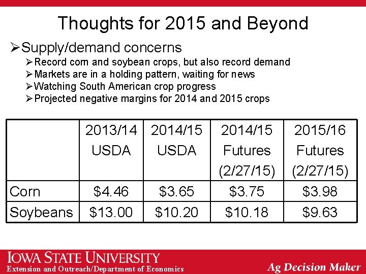 Thoughts for 2015 and Beyond ØSupply/demand concerns ØRecord corn and soybean crops, but also