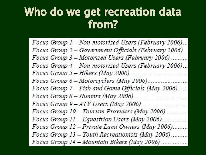Who do we get recreation data from? 