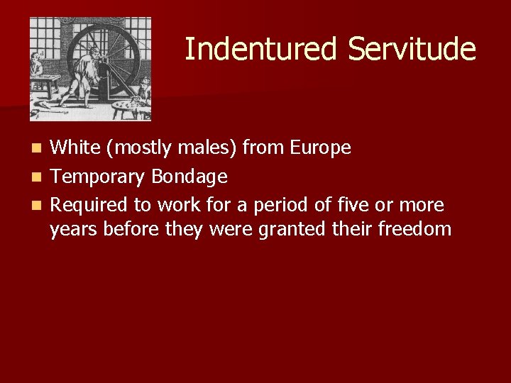 Indentured Servitude White (mostly males) from Europe n Temporary Bondage n Required to work