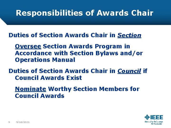 Responsibilities of Awards Chair Duties of Section Awards Chair in Section Oversee Section Awards Responsibilities of Awards Chair Duties of Section Awards Chair in Section Oversee Section Awards