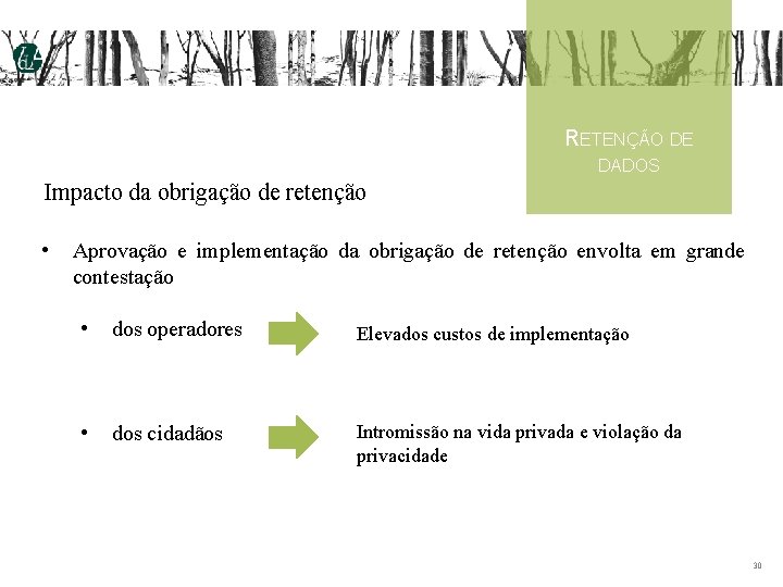 RETENÇÃO DE DADOS Impacto da obrigação de retenção • Aprovação e implementação da obrigação