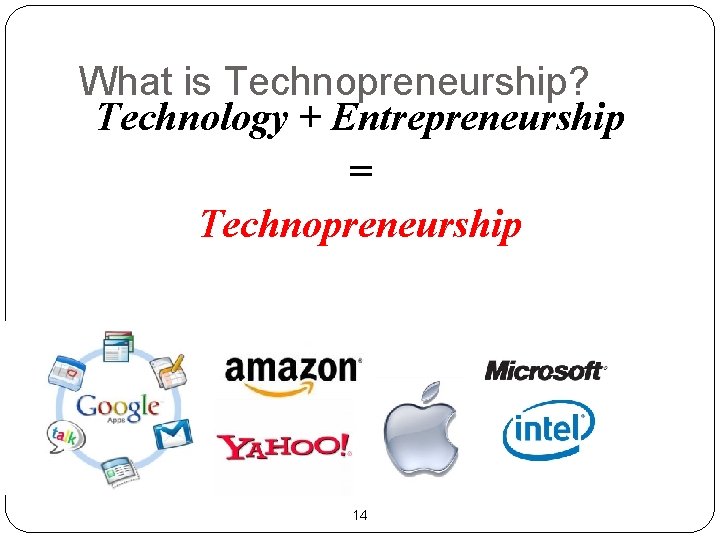 What is Technopreneurship? Technology + Entrepreneurship = Technopreneurship 14 