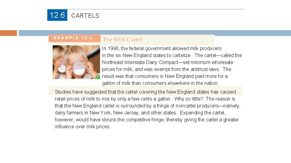 12. 6 CARTELS In 1996, the federal government allowed milk producers in the six