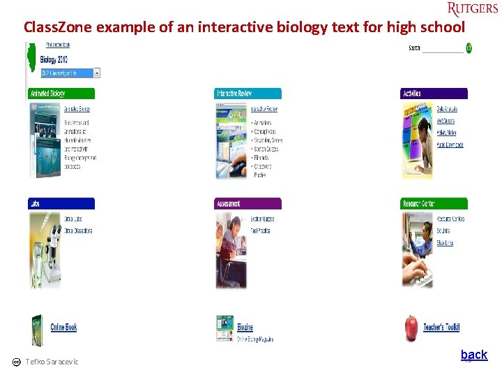 Class. Zone example of an interactive biology text for high school Tefko Saracevic back