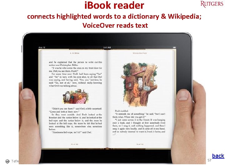 i. Book reader connects highlighted words to a dictionary & Wikipedia; Voice. Over reads