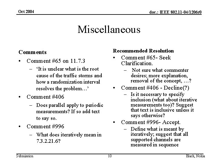 Oct 2004 doc. : IEEE 802. 11 -04/1206 r 0 Miscellaneous Recommended Resolution Comments