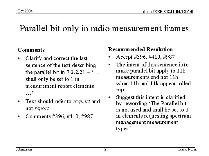 Oct 2004 doc. : IEEE 802. 11 -04/1206 r 0 Parallel bit only in