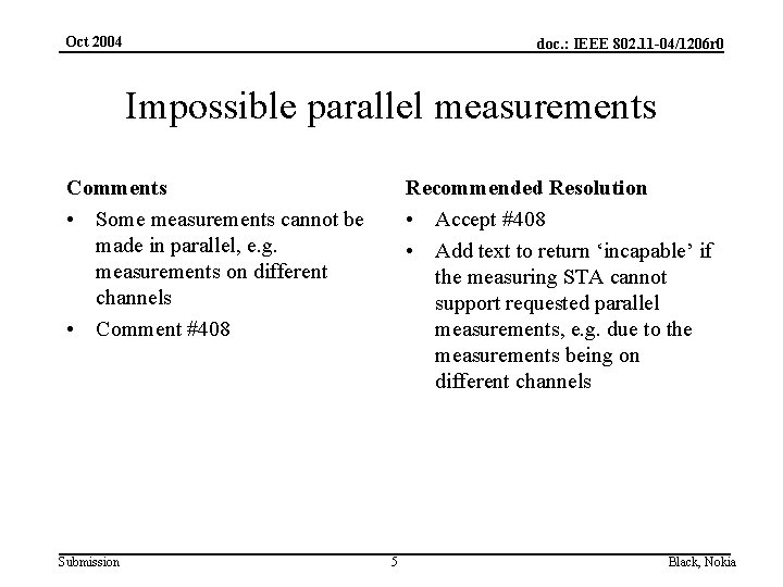 Oct 2004 doc. : IEEE 802. 11 -04/1206 r 0 Impossible parallel measurements Comments