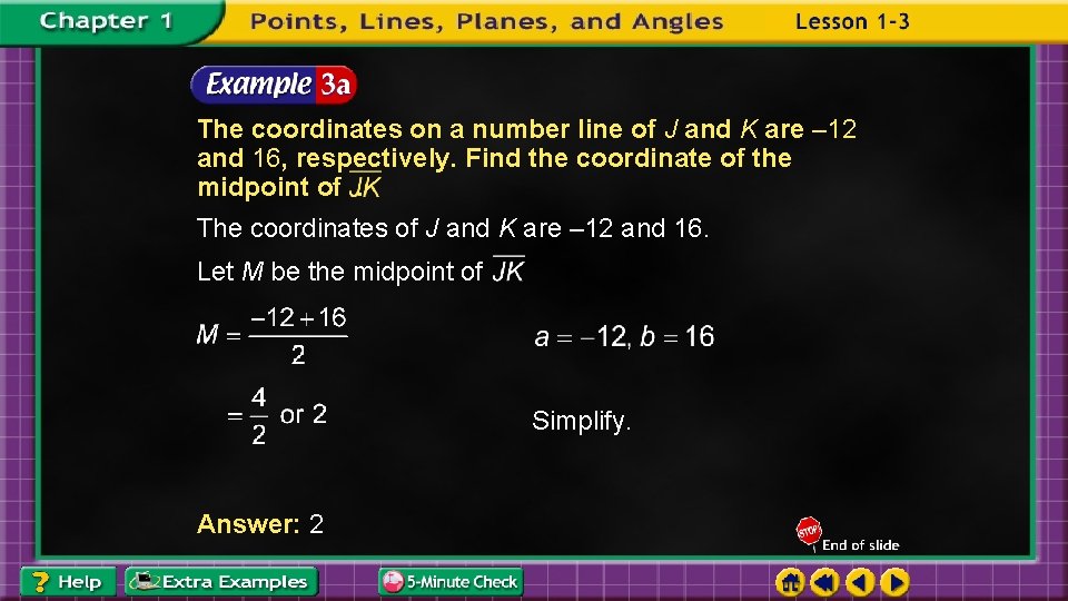 The coordinates on a number line of J and K are – 12 and