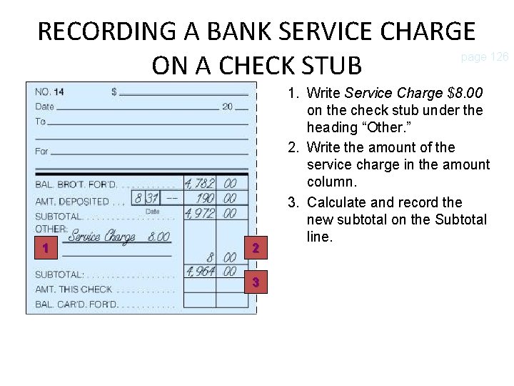 RECORDING A BANK SERVICE CHARGE ON A CHECK STUB page 126 1 2 3