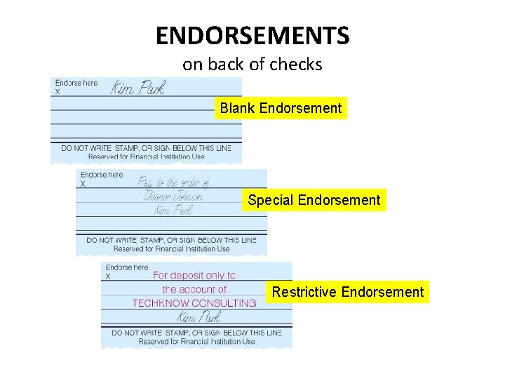 ENDORSEMENTS on back of checks Blank Endorsement Special Endorsement Restrictive Endorsement 