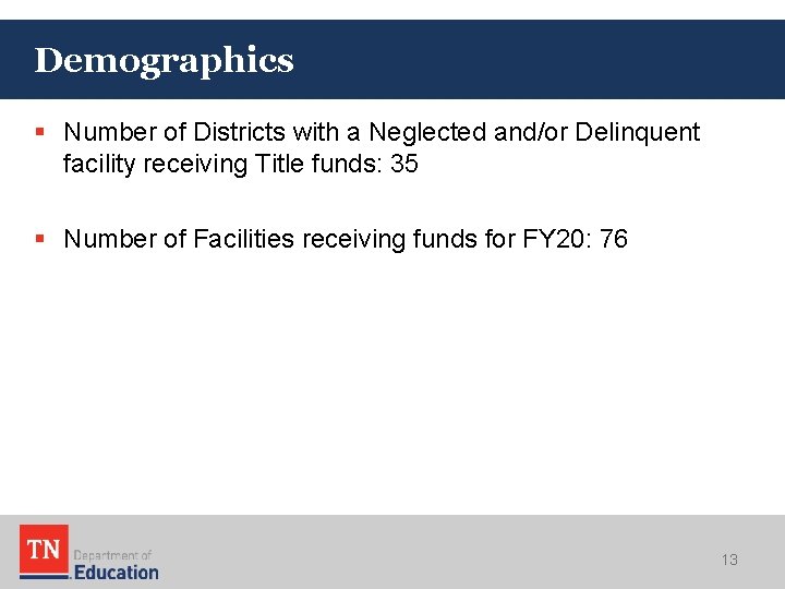 Demographics § Number of Districts with a Neglected and/or Delinquent facility receiving Title funds: