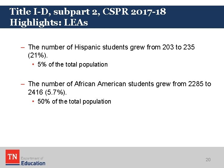 Title I-D, subpart 2, CSPR 2017 -18 Highlights: LEAs – The number of Hispanic