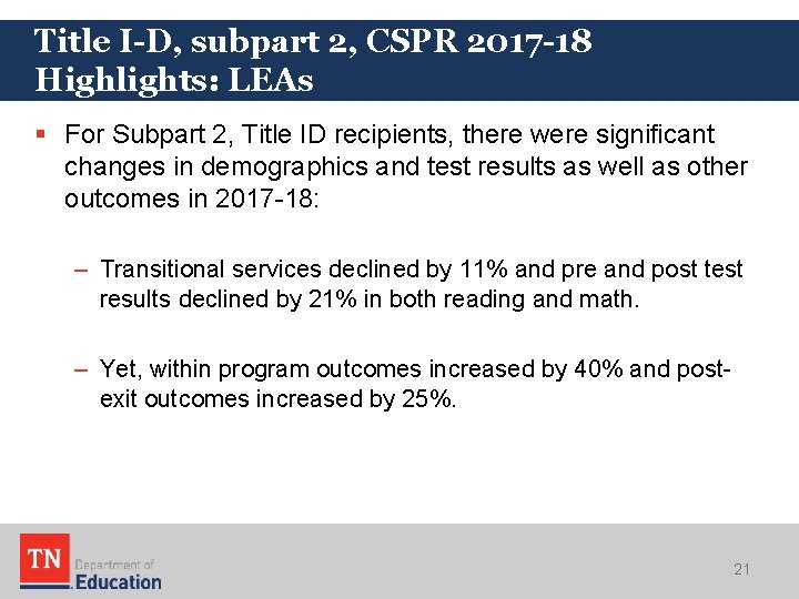 Title I-D, subpart 2, CSPR 2017 -18 Highlights: LEAs § For Subpart 2, Title