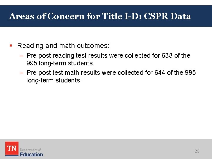 Areas of Concern for Title I-D: CSPR Data § Reading and math outcomes: –
