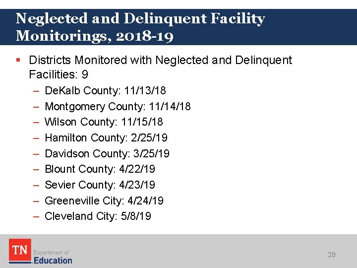 Neglected and Delinquent Facility Monitorings, 2018 -19 § Districts Monitored with Neglected and Delinquent