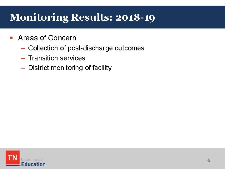 Monitoring Results: 2018 -19 § Areas of Concern – Collection of post-discharge outcomes –