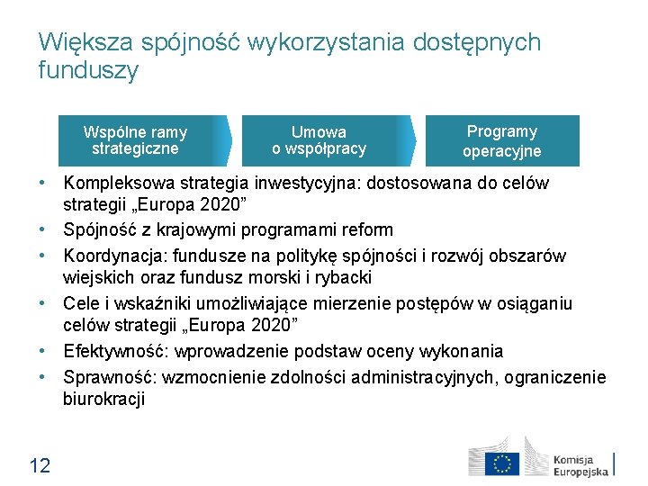 Większa spójność wykorzystania dostępnych funduszy Wspólne ramy strategiczne Umowa o współpracy Programy operacyjne •