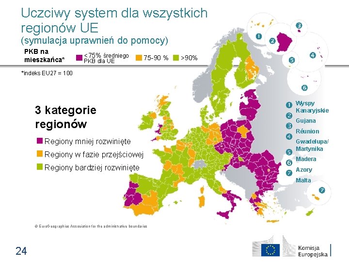 Uczciwy system dla wszystkich regionów UE (symulacja uprawnień do pomocy) PKB na mieszkańca* <75%