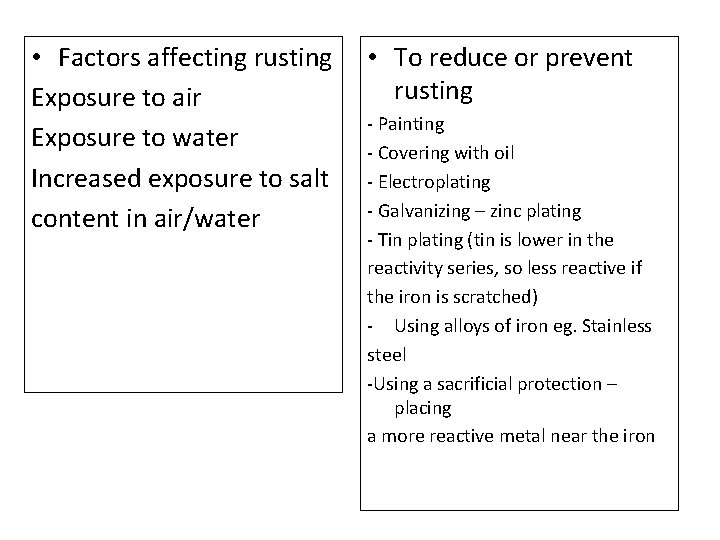  • Factors affecting rusting Exposure to air Exposure to water Increased exposure to