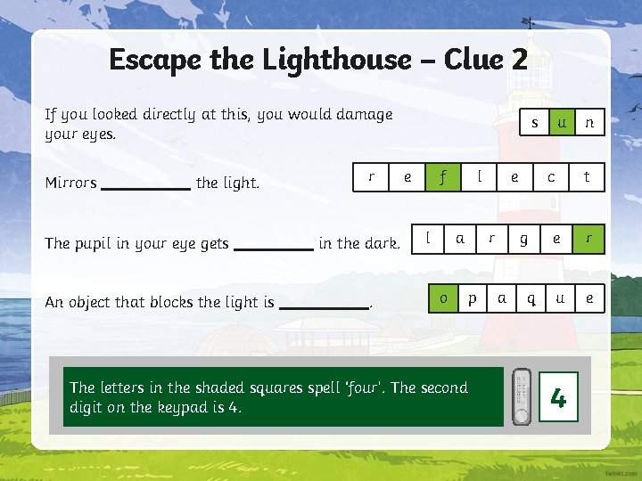 Escape the Lighthouse – Clue 2 If you looked directly at this, you would