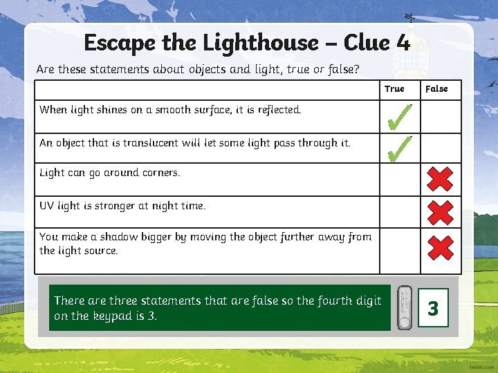 Escape the Lighthouse – Clue 4 Are these statements about objects and light, true