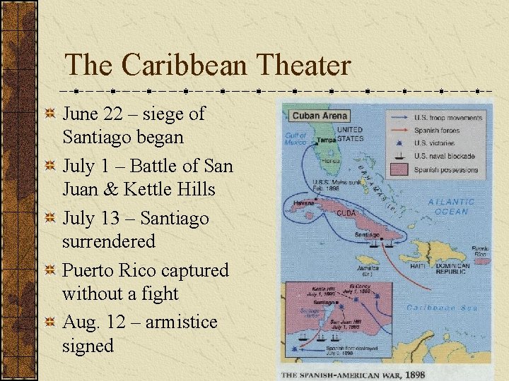 The Caribbean Theater June 22 – siege of Santiago began July 1 – Battle