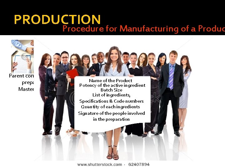 PRODUCTION Procedure for Manufacturing of a Produc Parent company abroad prepares the Master Formula