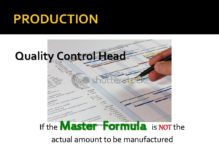 PRODUCTION Quality Control Head If the Master Formula is NOT the actual amount to